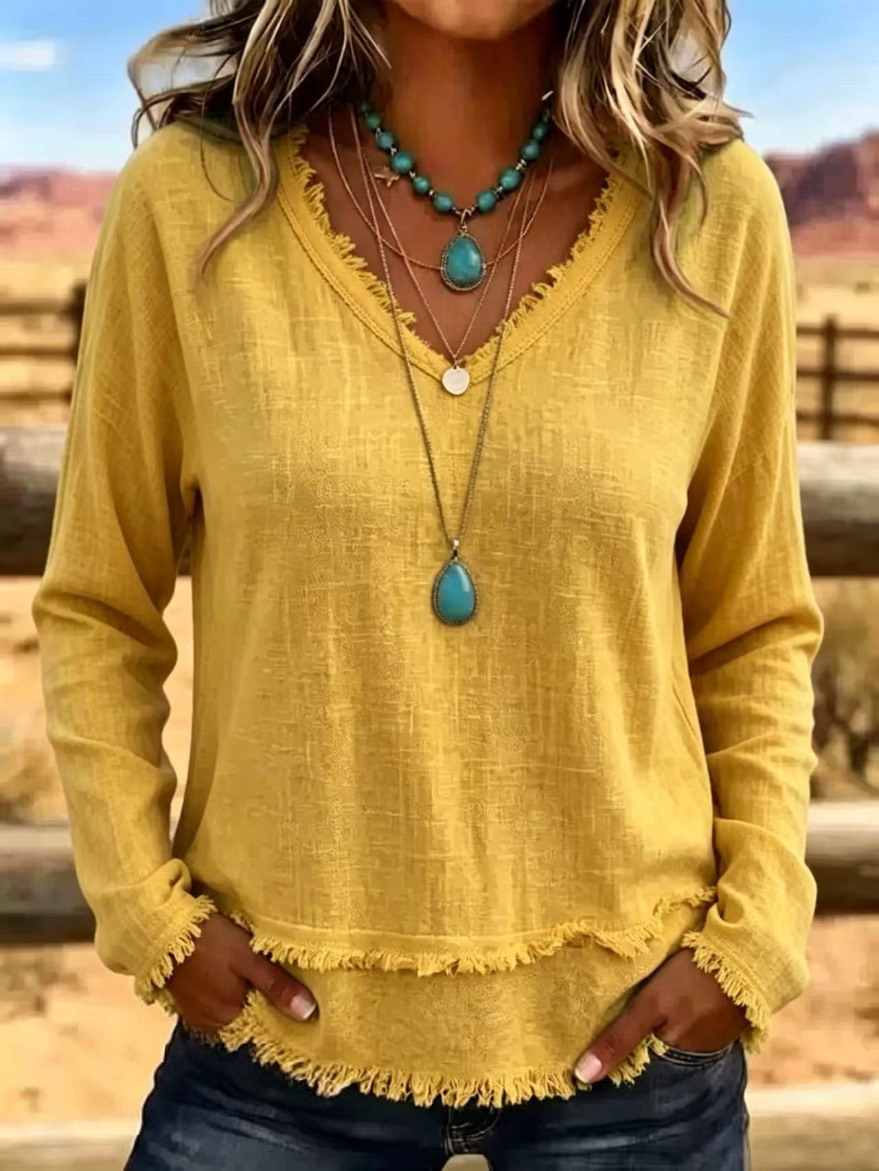 Isabelle Rousseau | Frayed V-Neck Long Sleeve Top For Women