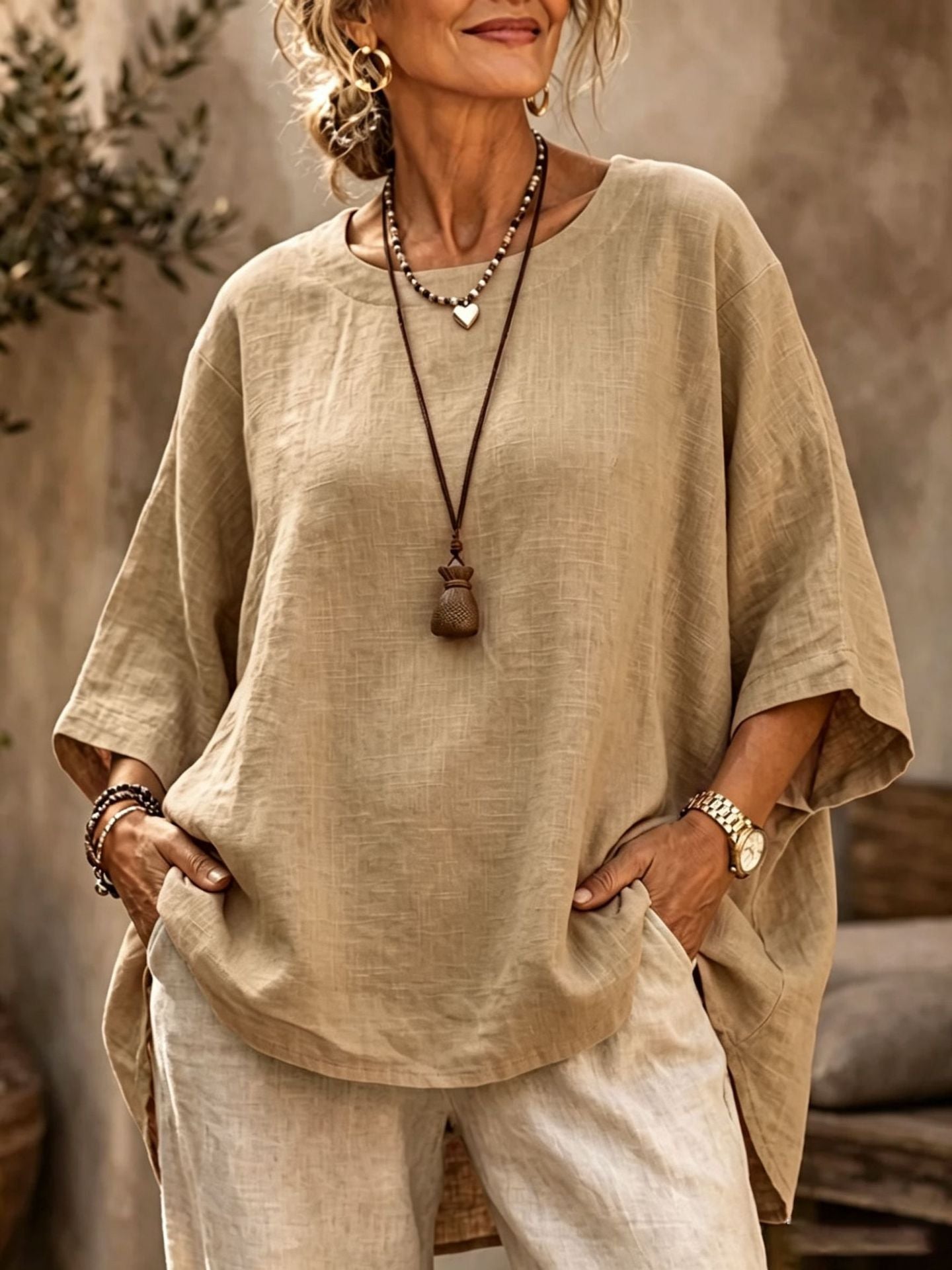 Cecile Fontainebleau | Relaxed Linen-Blend Crew Neck Top For Women
