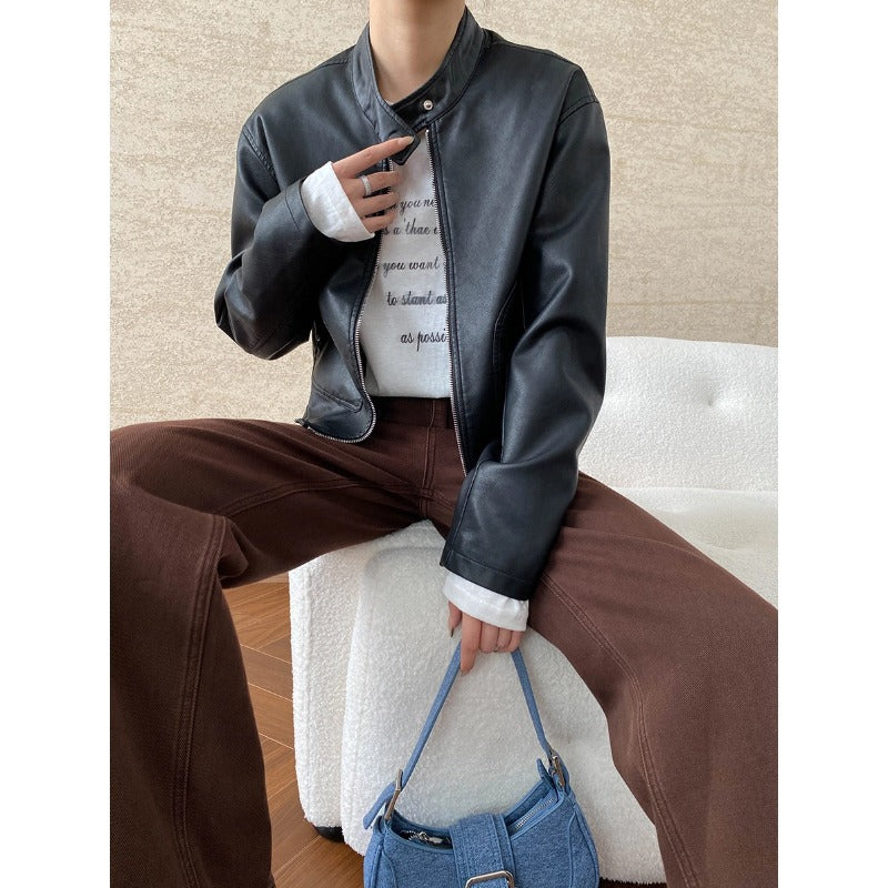 Elodie Marchand | Stand Collar Leather Jacket For Women