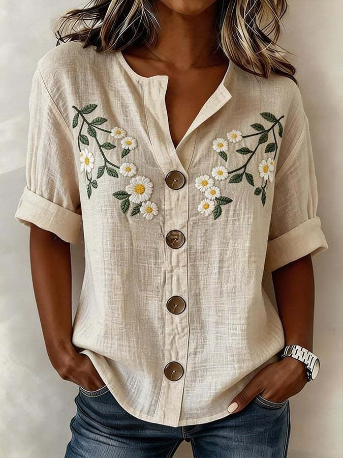 Antonella Marchese | Embroidered Floral Button-Up Blouse For Women