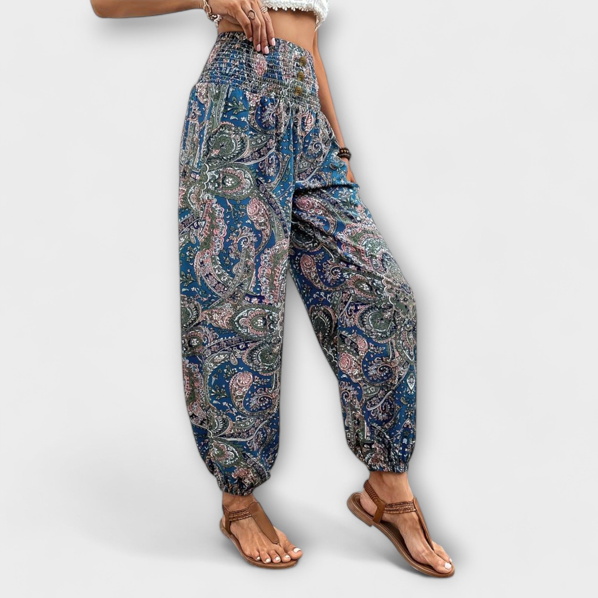Giselle Tamberlaine | Boho Ethnic Print Smocked Waist Harem Pants