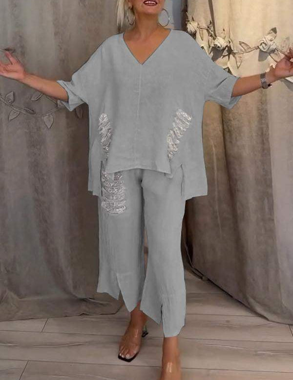 Rosalinde Vaucourt | White Linen Two-Piece Set with Sequin Fringe Detail
