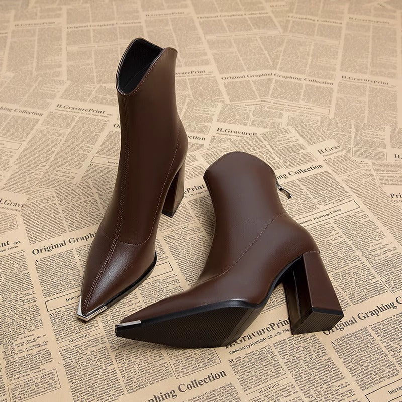 Amélie Rousset | Pointed Toe Chunky Heel Ankle Booties For Women