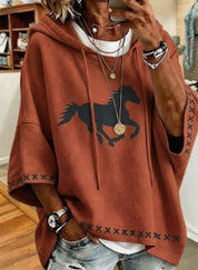 Waverly Fontcombe | Retro Horse-Print Hooded Cropped-Sleeve Sweatshirt For Women