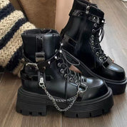 Trudy Aldmore | Black Chain Buckle Platform Boots For Women