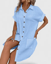 Arabella Winslow | Yellow Button-Down Short Sleeve Mini Shirt Dress