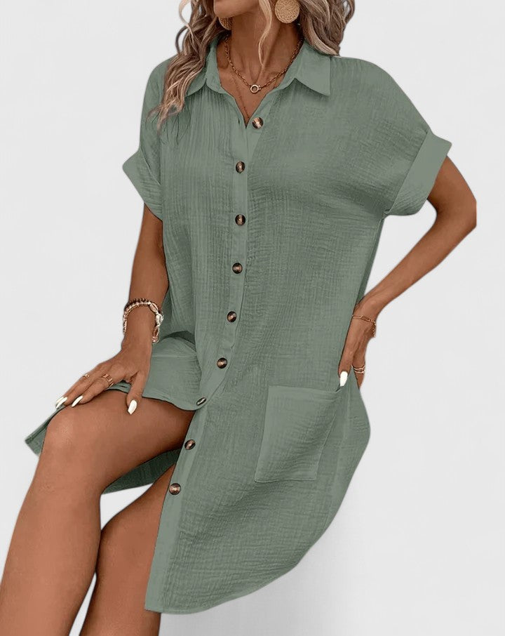 Arabella Winslow | Yellow Button-Down Short Sleeve Mini Shirt Dress