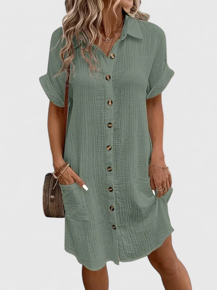Arabella Winslow | Yellow Button-Down Short Sleeve Mini Shirt Dress