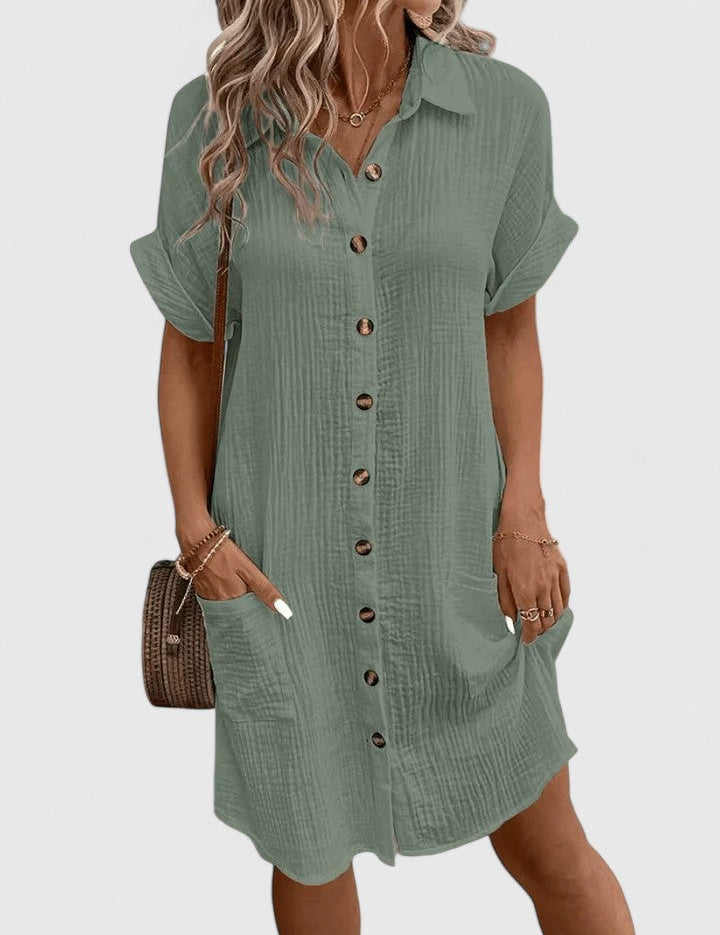 Arabella Winslow | Yellow Button-Down Short Sleeve Mini Shirt Dress