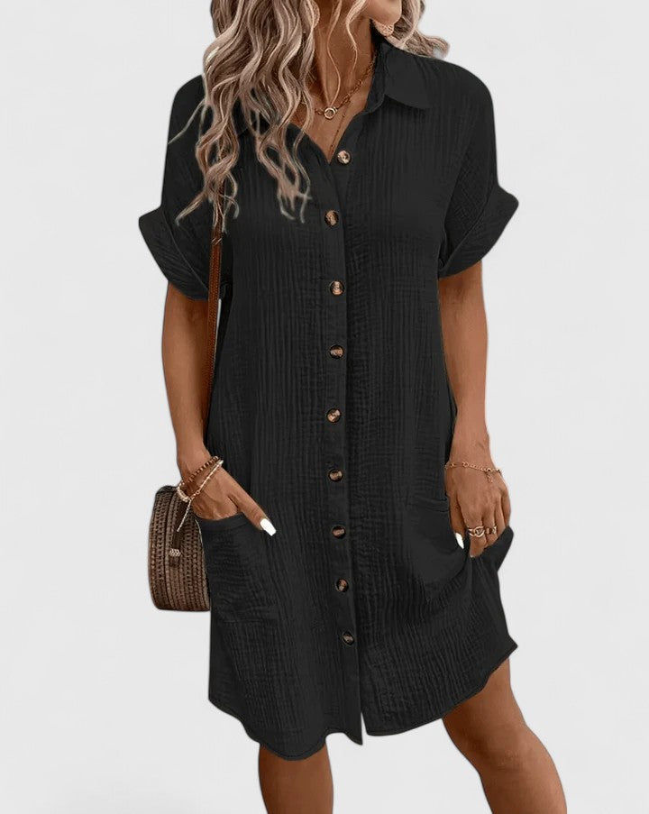 Arabella Winslow | Yellow Button-Down Short Sleeve Mini Shirt Dress