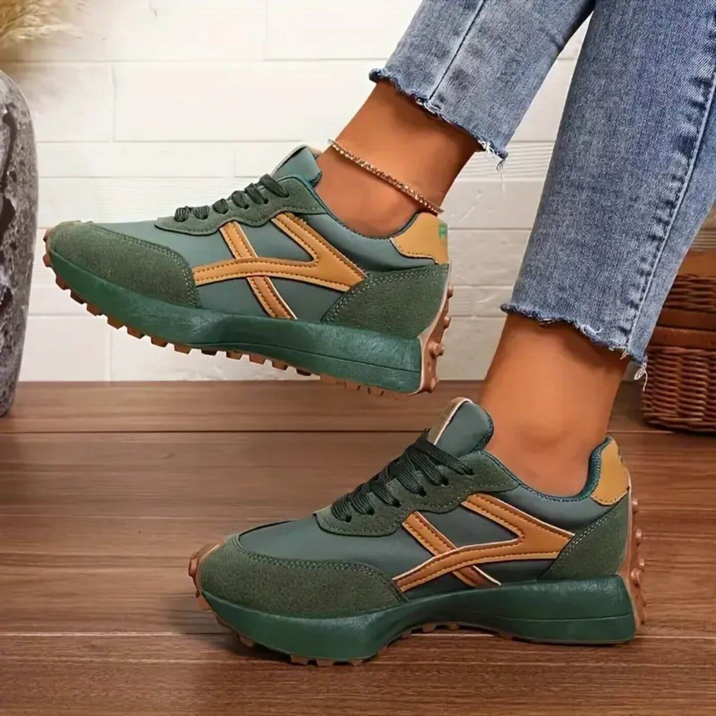 Genevieve Stormcroft | Green & Tan Orthopedic Lace-Up Sneakers