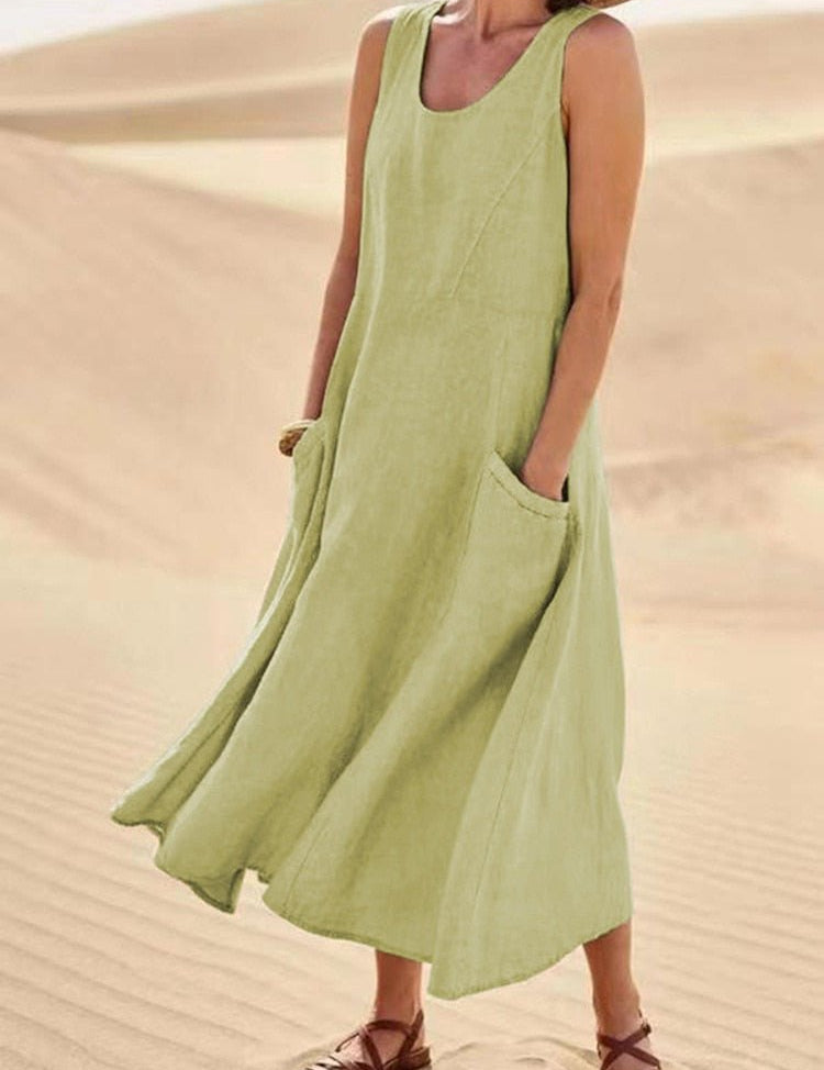 Marguerite Vosclaire | Sleeveless Linen Maxi Dress with Pockets