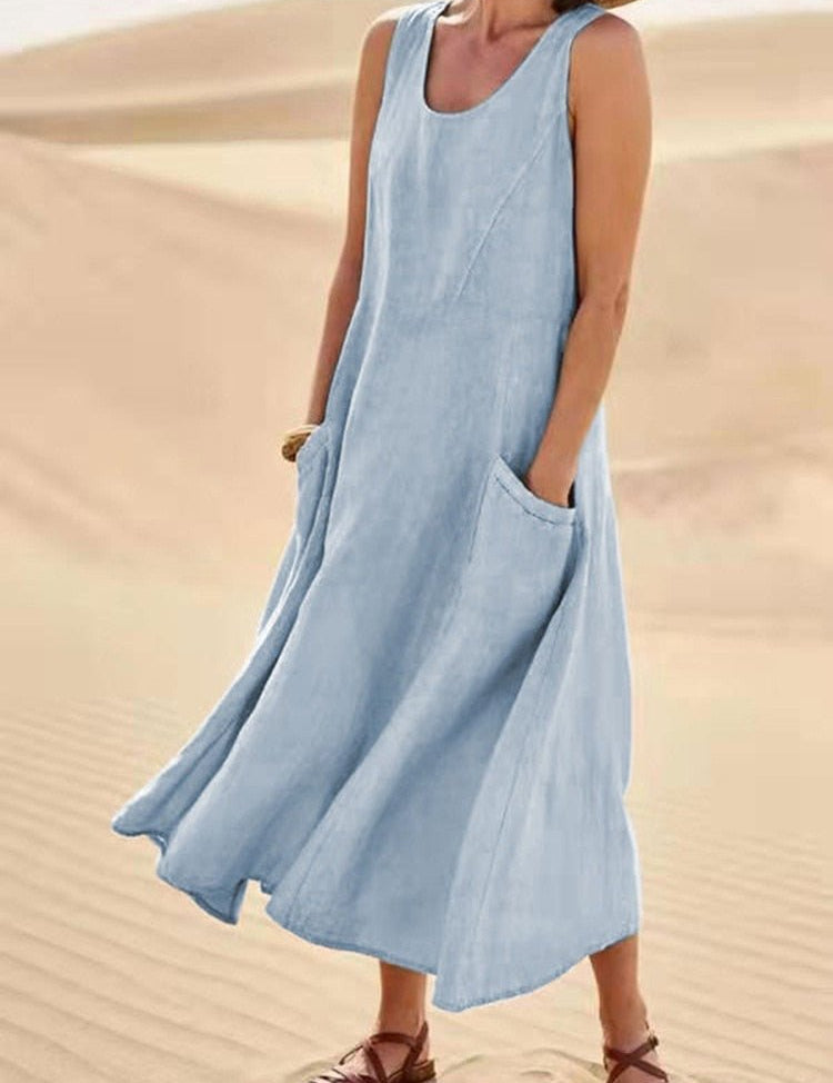 Marguerite Vosclaire | Sleeveless Linen Maxi Dress with Pockets