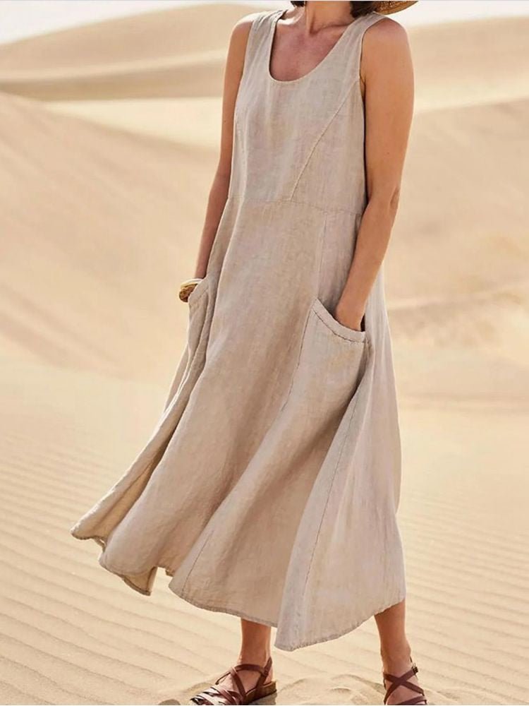 Marguerite Vosclaire | Sleeveless Linen Maxi Dress with Pockets