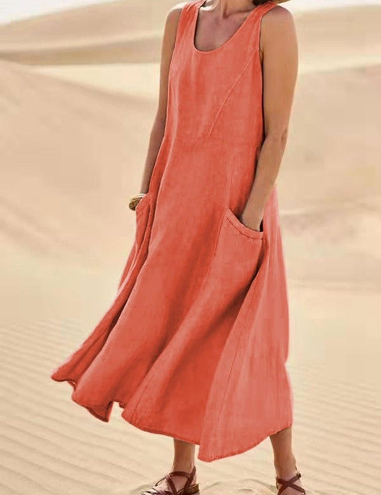 Marguerite Vosclaire | Sleeveless Linen Maxi Dress with Pockets