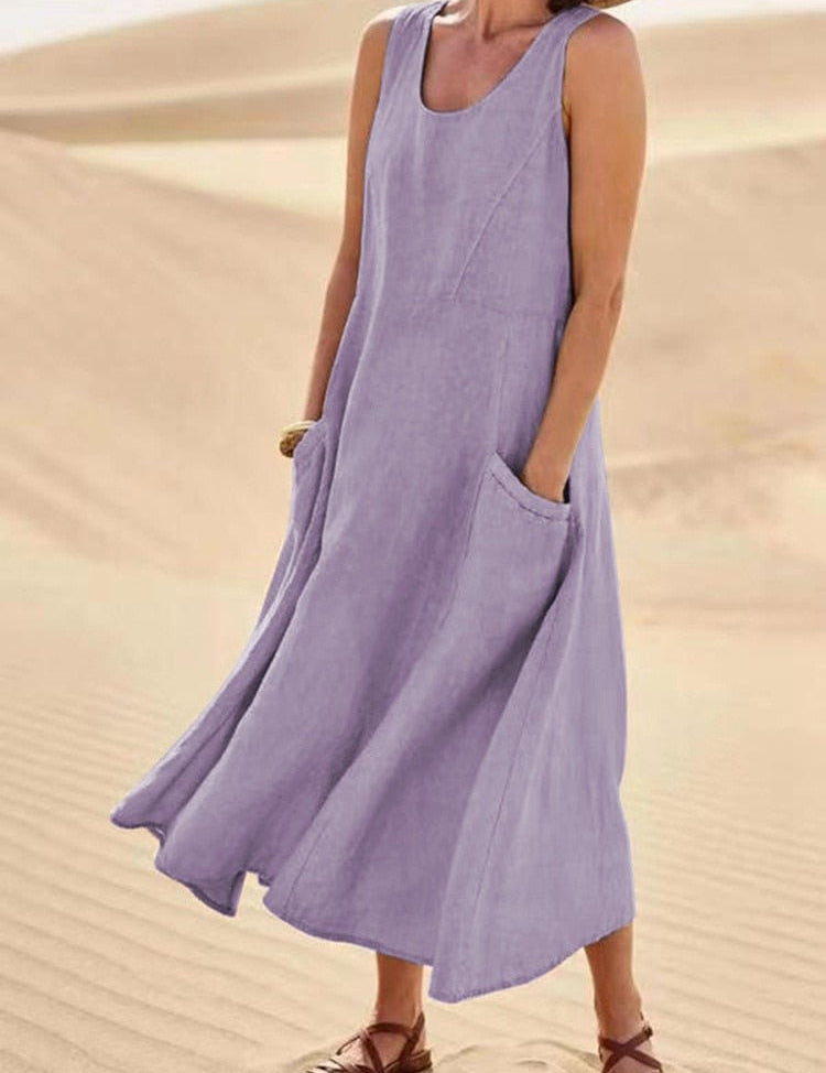 Marguerite Vosclaire | Sleeveless Linen Maxi Dress with Pockets