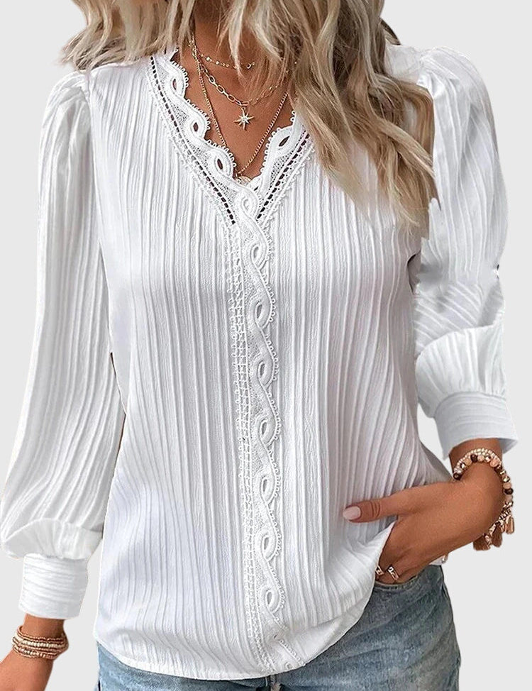 Céleste Fontaine | Yellow Lace Trim V-Neck Pullover Blouse