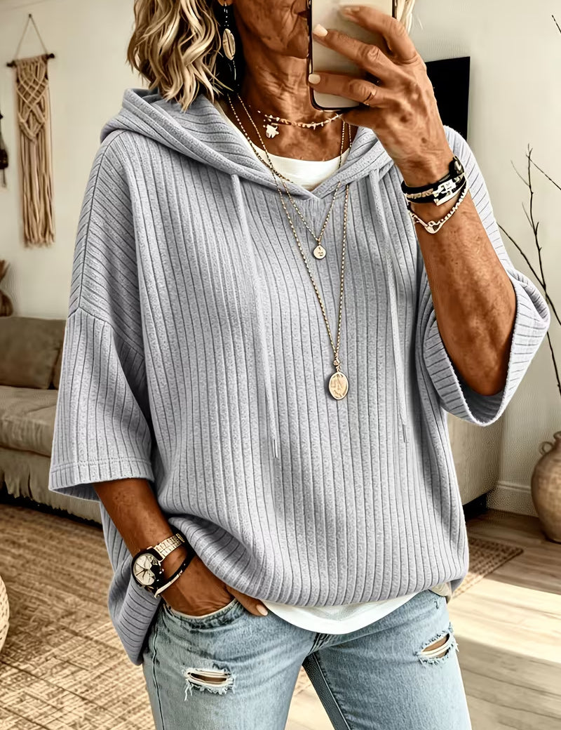 Cassandra Bellmore | Ribbed Hooded Drawstring Sweatshirt For Women