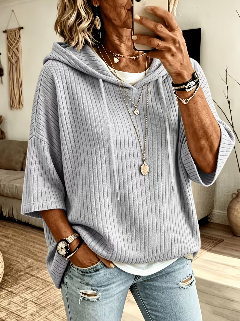 Cassandra Bellmore | Ribbed Hooded Drawstring Sweatshirt For Women