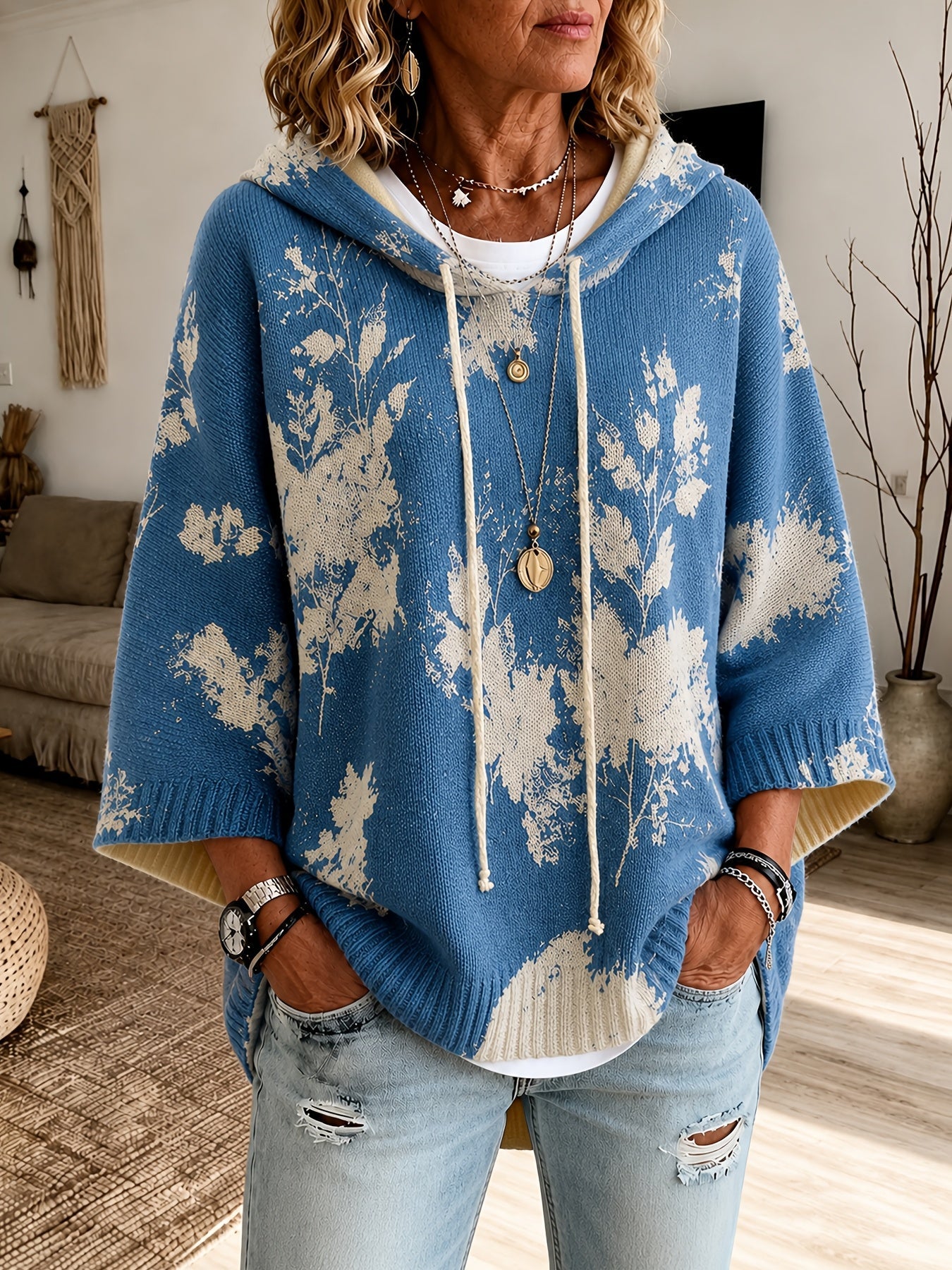 Isadora Beaulieu | Floral Hooded Cape Sweater For Women