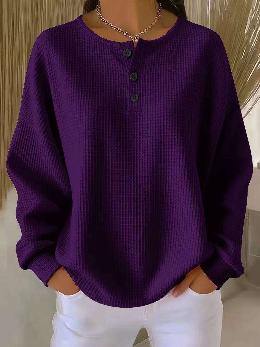 Marlena Whitfield | Waffle Knit Henley Pullover Top For Women