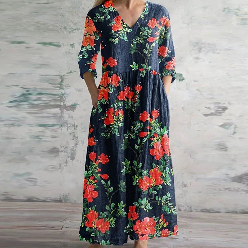 Fleurdelise Ashgrove | Floral Patchwork Maxi Dress with V-Neck