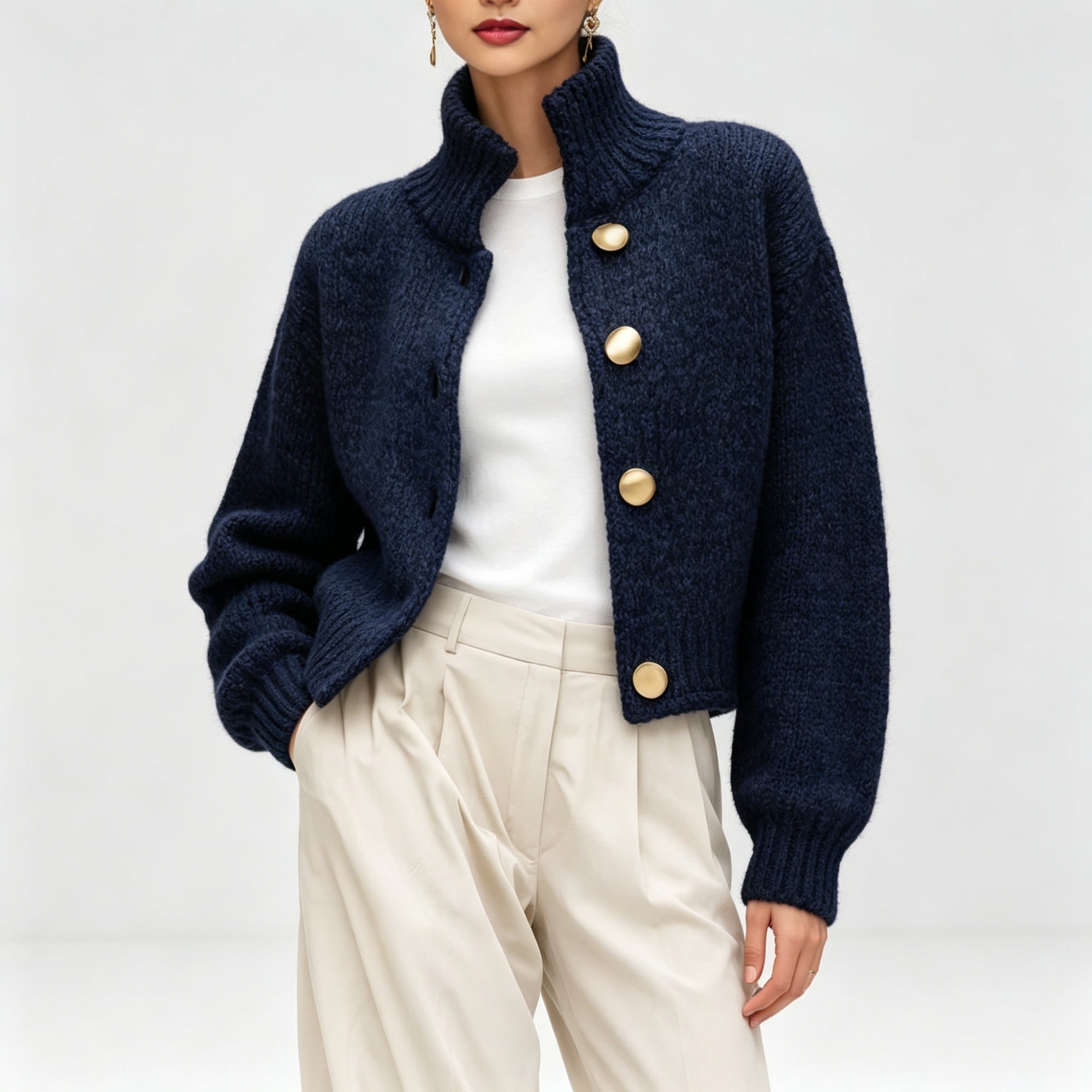 Ora Langton | Stand-Collar Knit Cardigan Jacket For Women