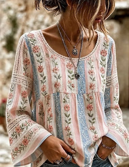 Colette Rimbaud | Retro Bohemian Floral Linen Blouse For Women