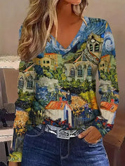 Celinda Waverly | Autumn Maple Leaf Print Long-Sleeve Top For Women