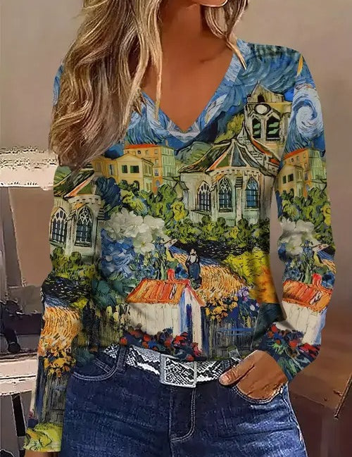 Celinda Waverly | Autumn Maple Leaf Print Long-Sleeve Top For Women