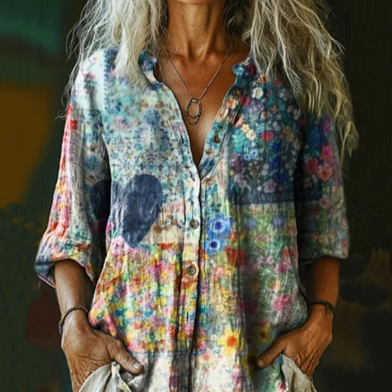 Clementine Bellamy | Retro Floral Print Linen Shirt For Women