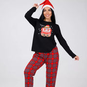 Cozy Cheer | Black Santa Bear Print Christmas Pyjamas For Women