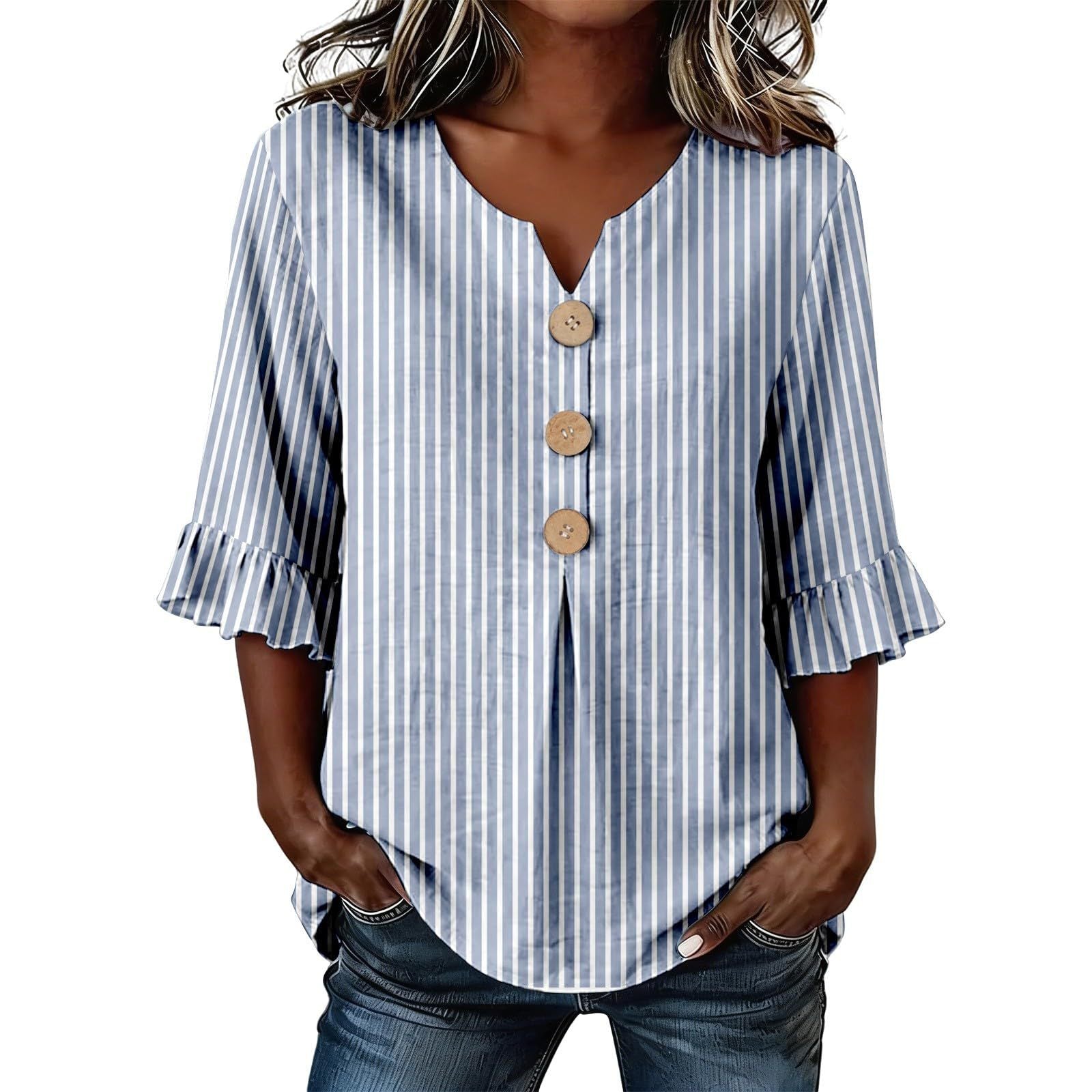 Delia Winsborough | Striped Button-Front Blouse With Ruffle Sleeves For Women