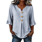 Delia Winsborough | Striped Button-Front Blouse With Ruffle Sleeves For Women