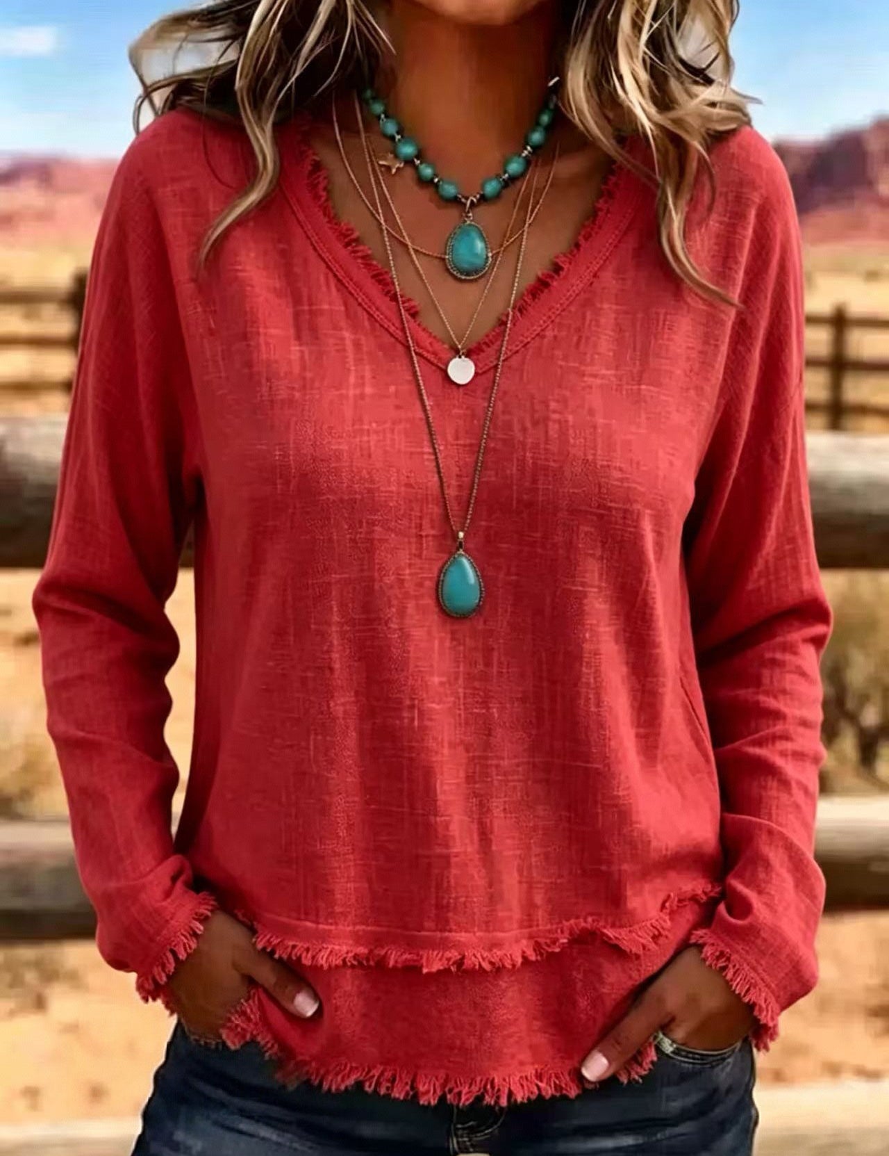 Isabelle Rousseau | Frayed V-Neck Long Sleeve Top For Women