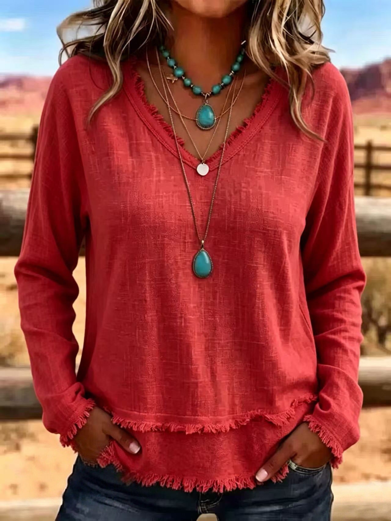 Isabelle Rousseau | Frayed V-Neck Long Sleeve Top For Women