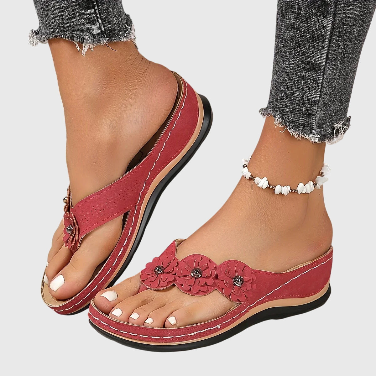 Marietta Dunrosse | Blue Flower Wedge Flip Flop Sandals