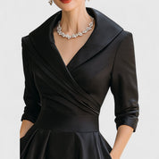 Genevra Elsinore | Navy Blue A-Line Midi Dress with 3/4 Sleeves