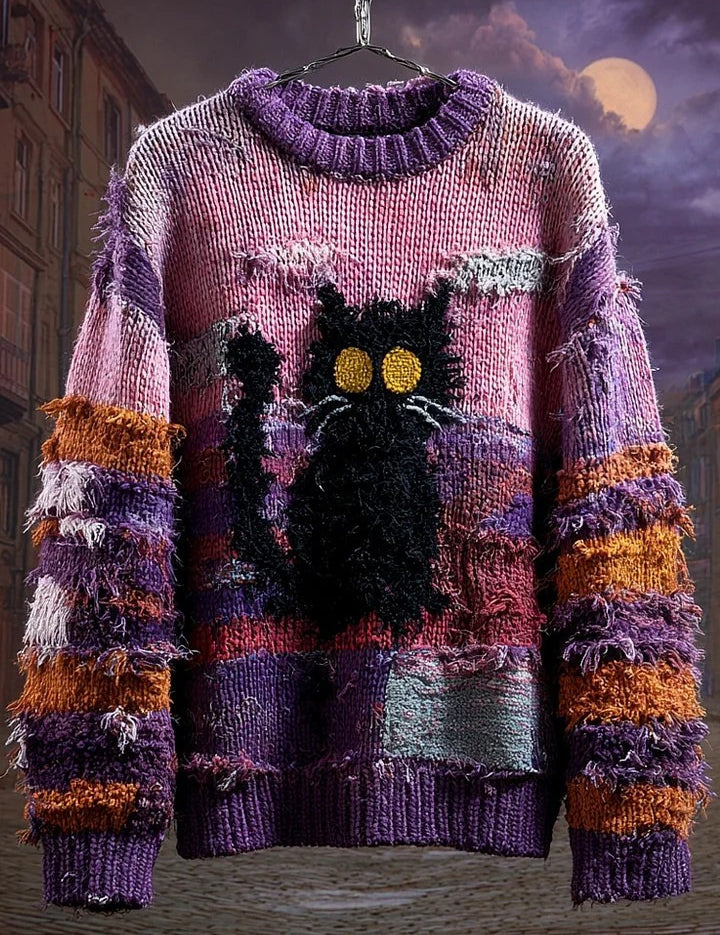 Marceline Duvall | Halloween Cat Print Chunky Knit Sweater For Women