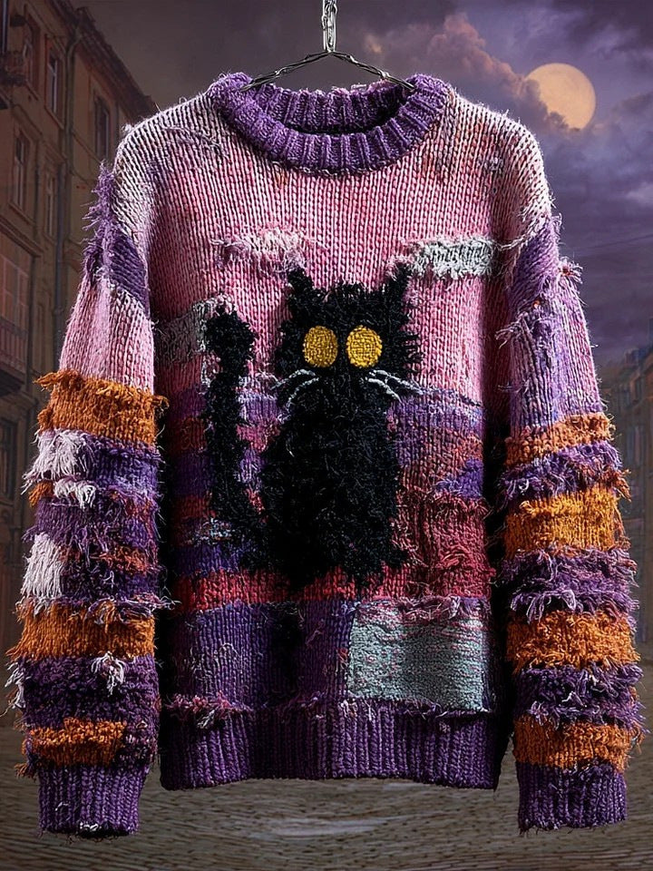 Marceline Duvall | Halloween Cat Print Chunky Knit Sweater For Women