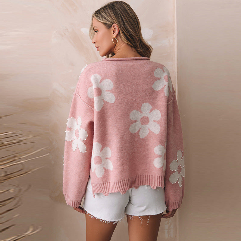 Roxane Delfino | Floral Pearl-Embellished Knit Sweater For Women