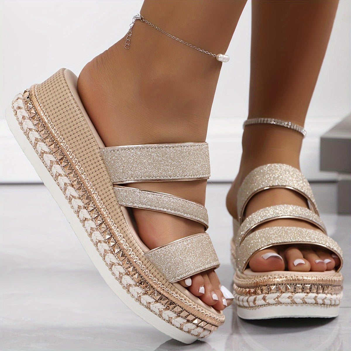Serena Goldhaven | Glitter Platform Slide Sandals For Women