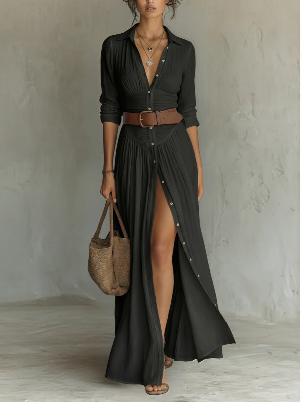 Elaine Trentwood | Button-Down V-Neck Maxi Dress For Women