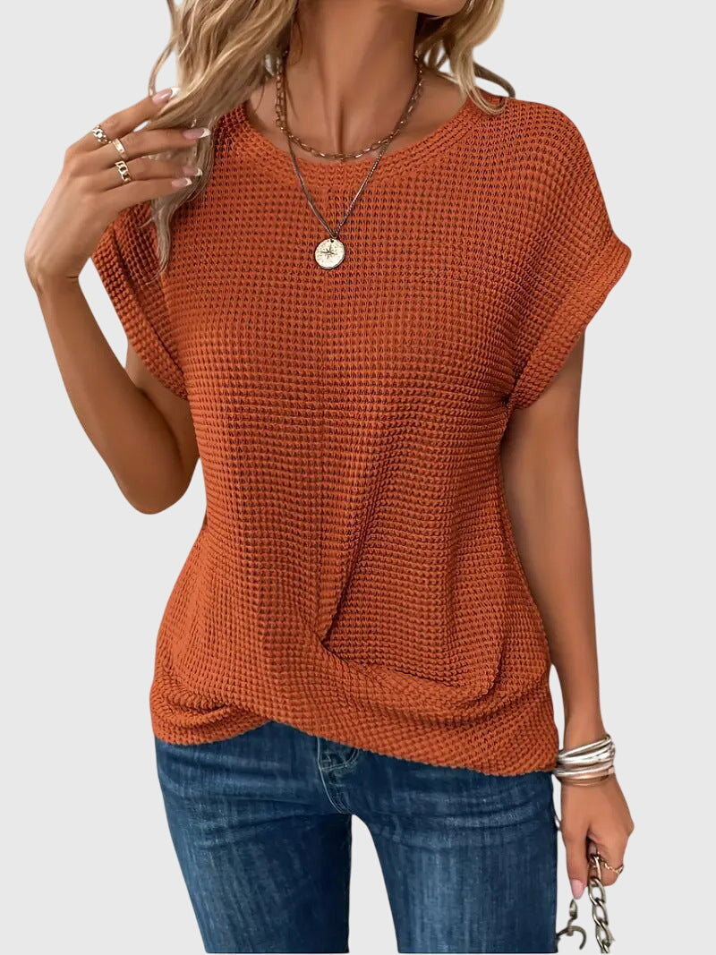 Thalia Wentmore | Rust Orange Waffle Knit Crew Neck Blouse