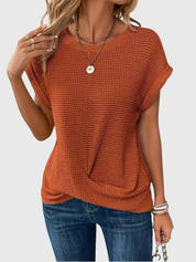 Thalia Wentmore | Rust Orange Waffle Knit Crew Neck Blouse
