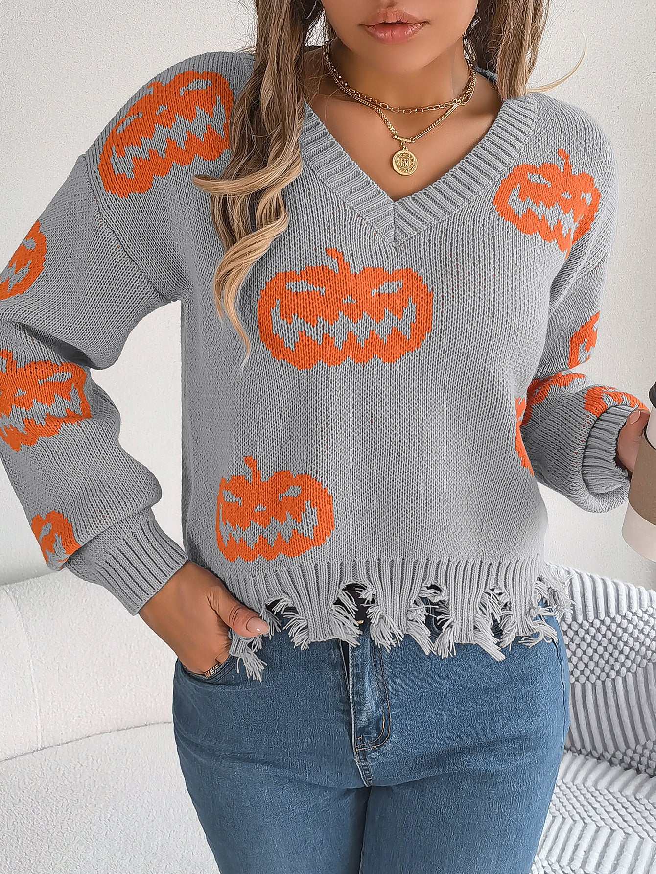 Marina Castellucci | Pumpkin Print Distressed Sweater For Women