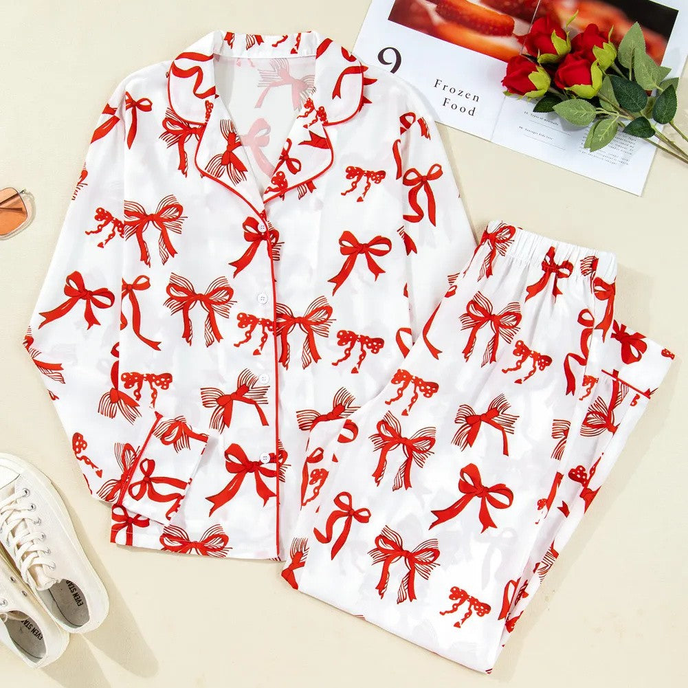 Ribbon Wish | Red Bow Print Christmas Pyjamas For Women