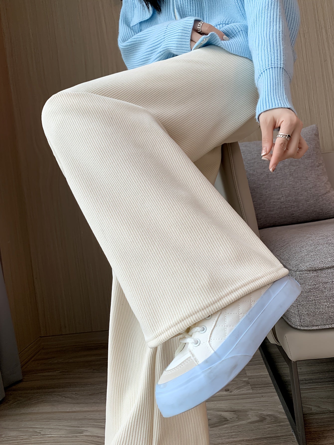 Colette Duvall | Corduroy Wide-Leg Lounge Pants With Faux Fur Cuffs For Women