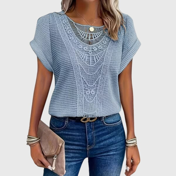 Clarisse Montveil | Cream Lace Detail Waffle Knit Blouse
