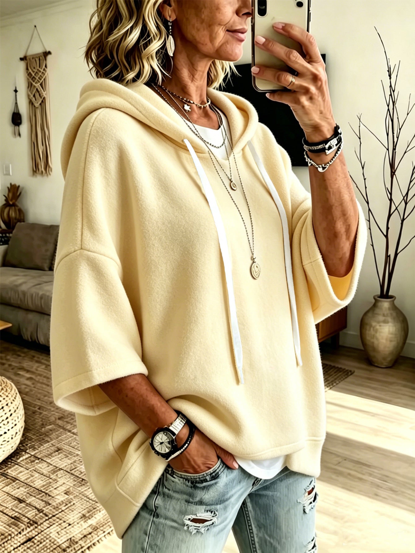 Bridget Calloway | Oversized Fleece Hoodie With 3/4 Sleeves For Women